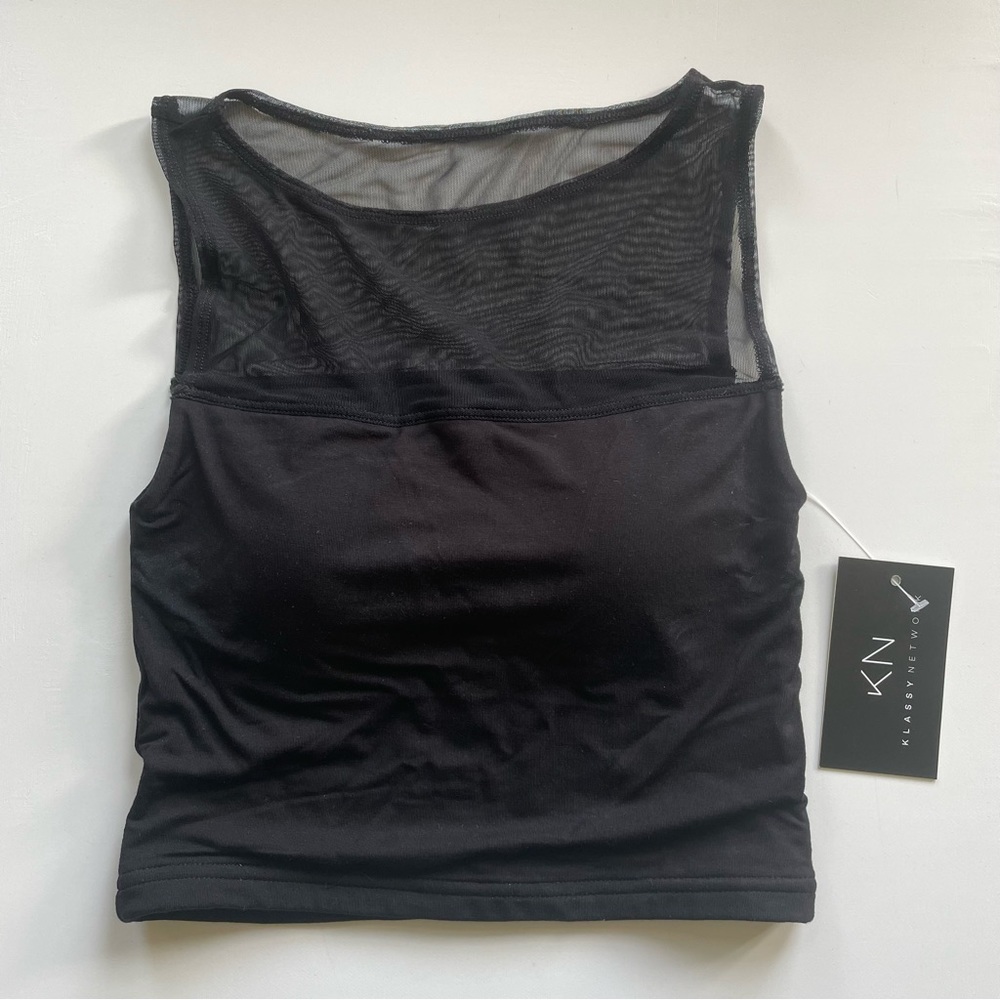 High Neck Mesh Brami Crop Top with built in bra, Black